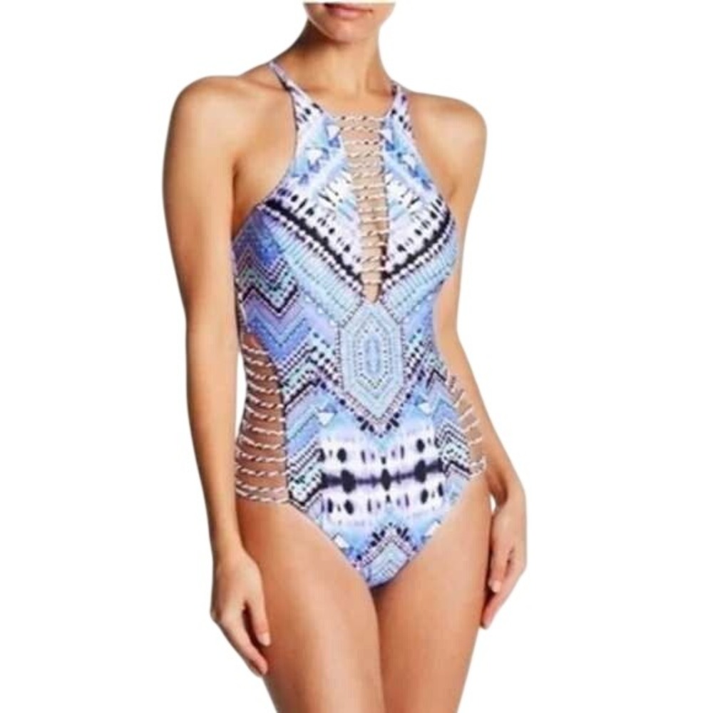 Red Carter Aztec Festival Print One Piece Swimsuit Cut Outs Medium